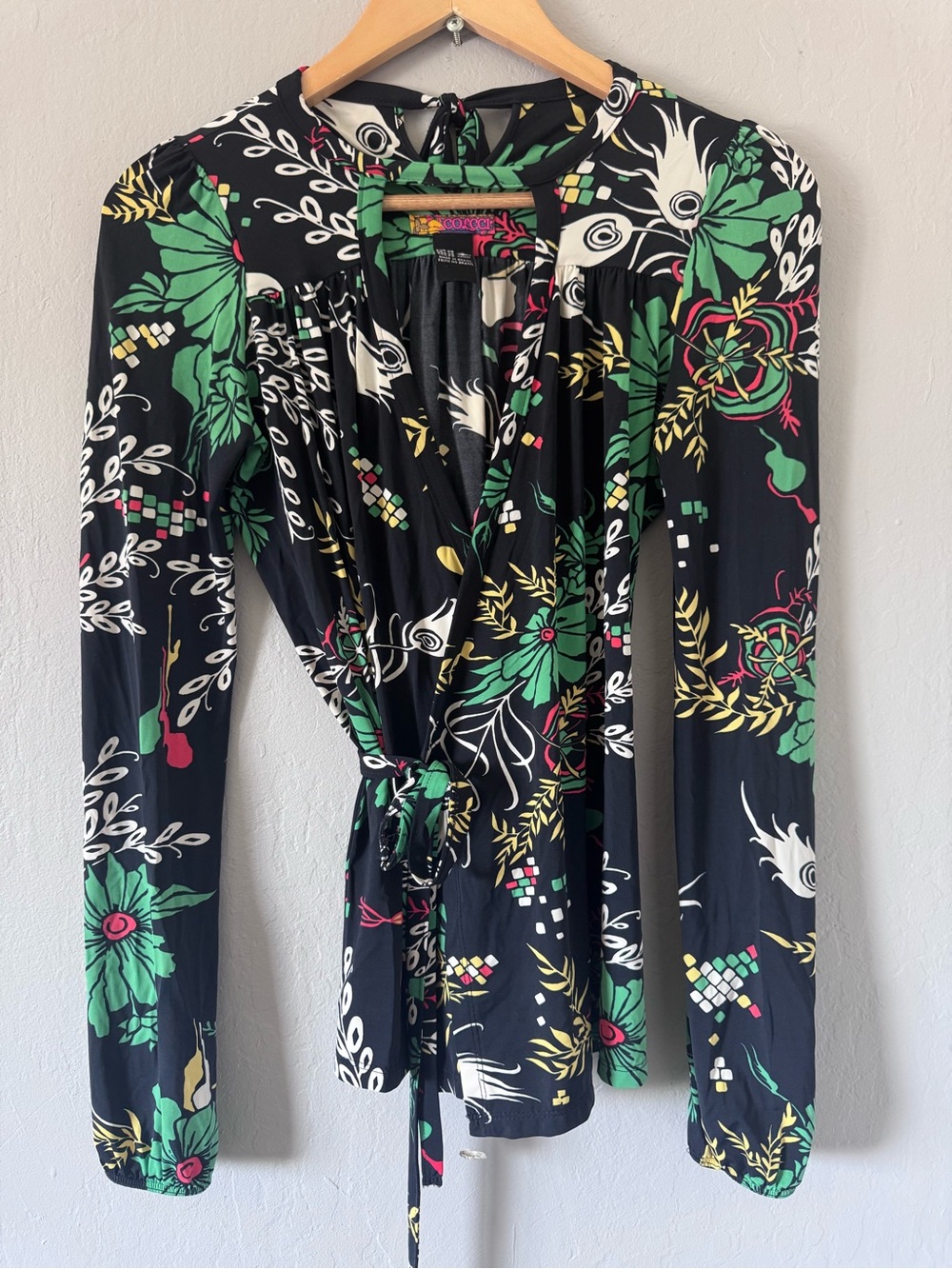Colcci Brazil Tropicoquette Black Tropical Print Long Sleeve Wrap Blouse XS